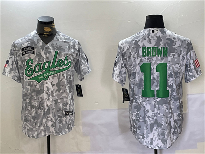 Men's Philadelphia Eagles #11 A. J. Brown 2024 Arctic Camo Salute to Service Stitched Baseball Jersey Men's Philadelphia Eagles #11 A. J. Brown 2024 Arctic Camo Salute to Service Stitched Baseball Jersey
